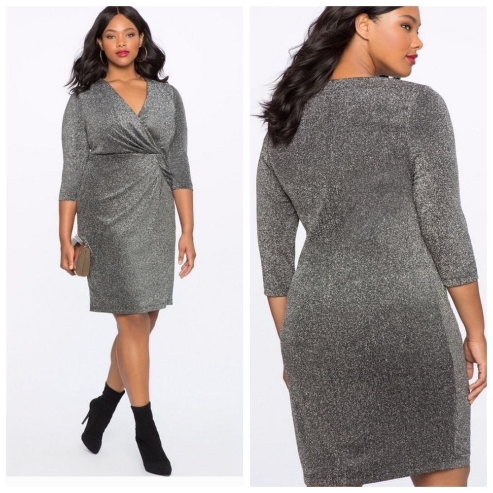 Eloquii‎ Draped Front Silver Metallic Shiny Glitter Shimmer Wrap Dress Size 24